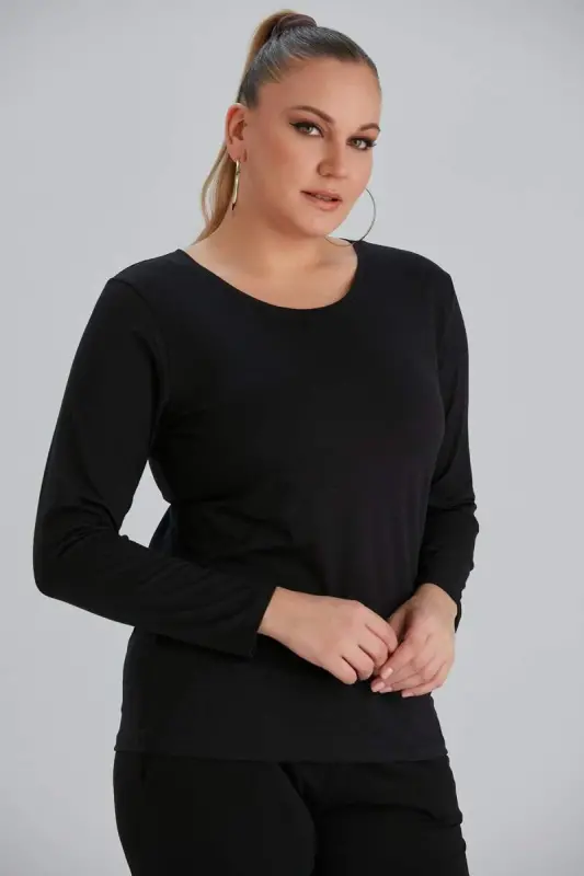 Crew Neck Long Sleeve Plus Size Black T-Shirt - 2