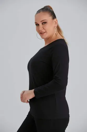 Crew Neck Long Sleeve Plus Size Black T-Shirt - 3
