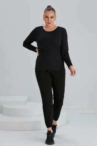 Crew Neck Long Sleeve Plus Size Black T-Shirt - 4