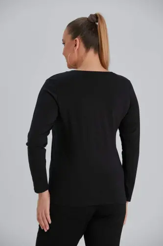 Crew Neck Long Sleeve Plus Size Black T-Shirt - 5