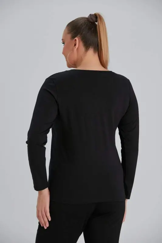 Crew Neck Long Sleeve Plus Size Black T-Shirt - 5