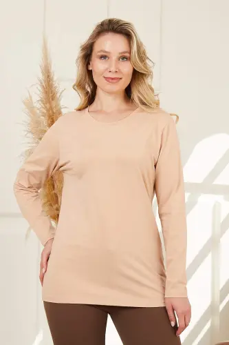 Crew Neck Long Sleeve Plus Size Mink T-Shirt - 1