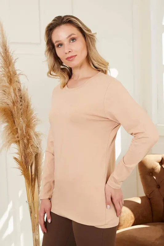 Crew Neck Long Sleeve Plus Size Mink T-Shirt - 3