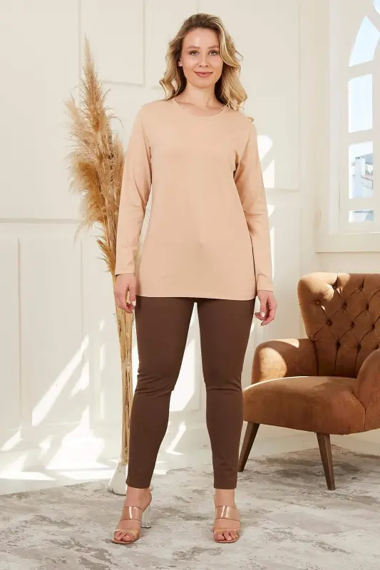 Crew Neck Long Sleeve Plus Size Mink T-Shirt - 7