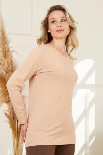 Crew Neck Long Sleeve Plus Size Mink T-Shirt - BÜYÜKBEDENIZ (1)