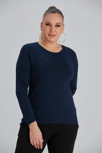 Crew Neck Long Sleeve Plus Size Navy Blue T-Shirt - 1