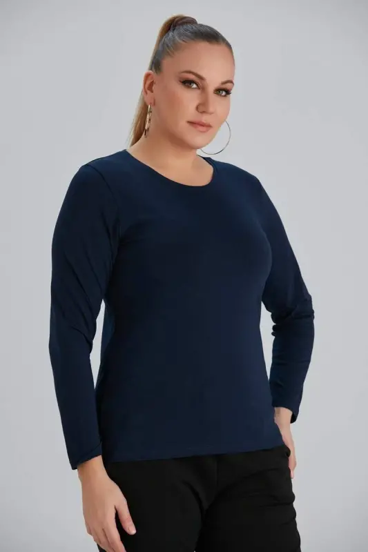 Crew Neck Long Sleeve Plus Size Navy Blue T-Shirt - 2
