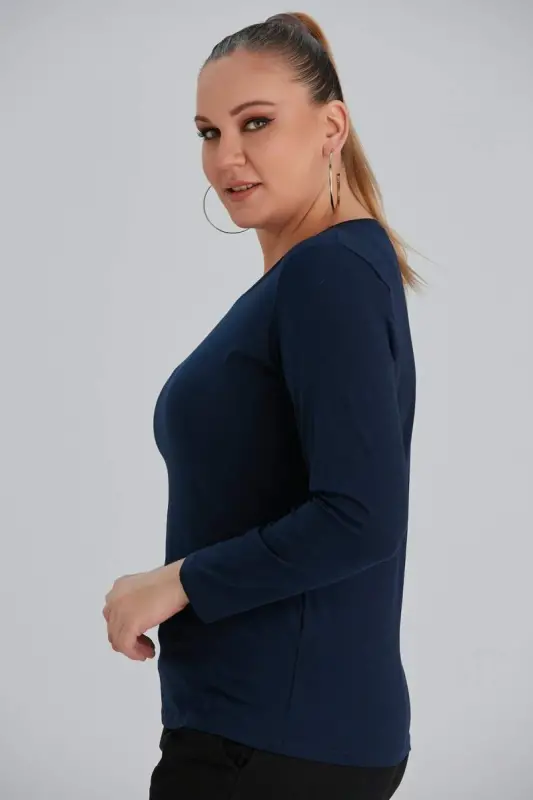 Crew Neck Long Sleeve Plus Size Navy Blue T-Shirt - 3