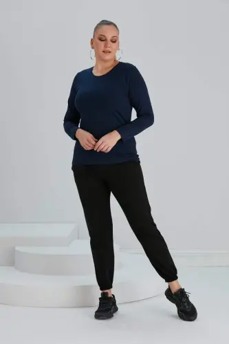 Crew Neck Long Sleeve Plus Size Navy Blue T-Shirt - 4