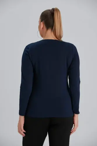 Crew Neck Long Sleeve Plus Size Navy Blue T-Shirt - 5