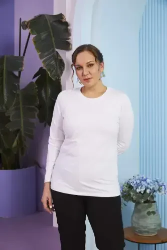 Crew Neck Long Sleeve Plus Size White T-Shirt - 3