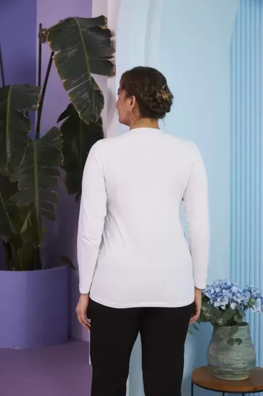 Crew Neck Long Sleeve Plus Size White T-Shirt - 4