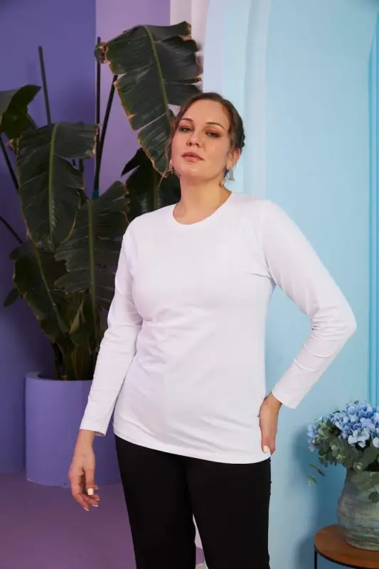Crew Neck Long Sleeve Plus Size White T-Shirt - 1