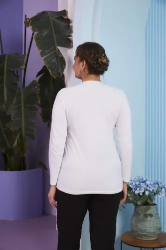Crew Neck Long Sleeve Plus Size White T-Shirt - 4