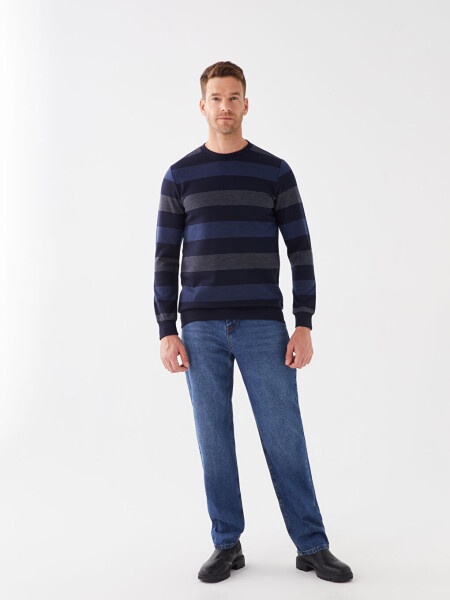 Crew Neck Long Sleeve Striped Men's Sweatshirt-Indigo - 3