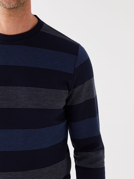Crew Neck Long Sleeve Striped Men's Sweatshirt-Indigo - 4