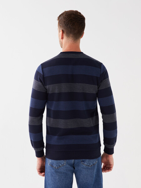 Crew Neck Long Sleeve Striped Men's Sweatshirt-Indigo - 5