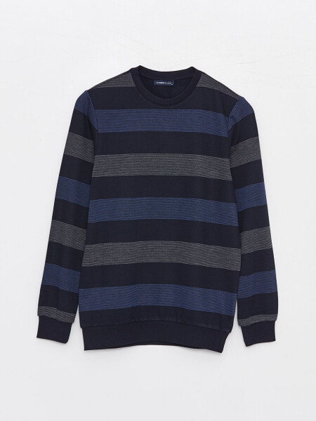 Crew Neck Long Sleeve Striped Men's Sweatshirt-Indigo - 6
