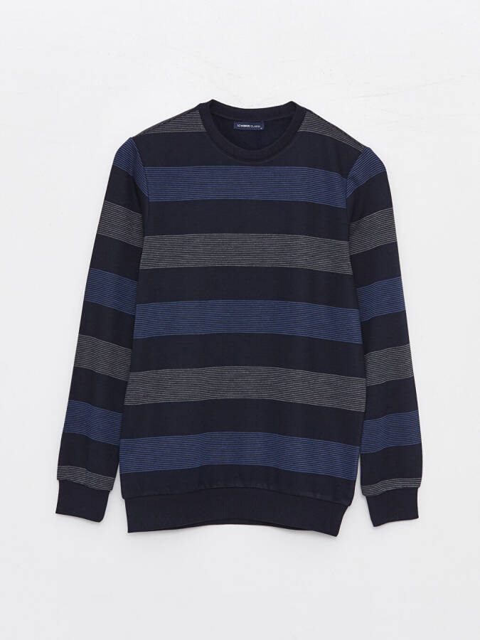 Crew Neck Long Sleeve Striped Men's Sweatshirt-Indigo - 6