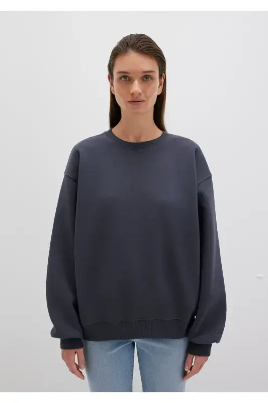 Crew Neck Navy Blue Basic Sweatshirt 1610198-70726-Gulf Blue Plaid - 3