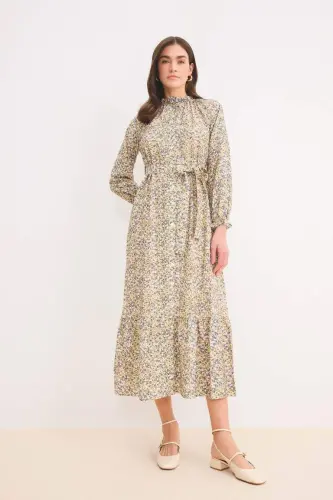 Crew Neck Patterned Belted Chiffon Long Sleeve Maxi Dress-Light Green - 1