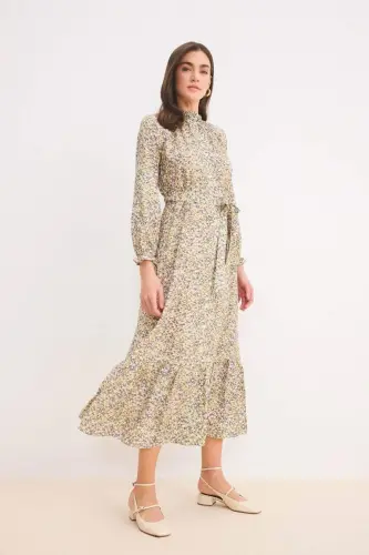 Crew Neck Patterned Belted Chiffon Long Sleeve Maxi Dress-Light Green - DEFACTO (1)