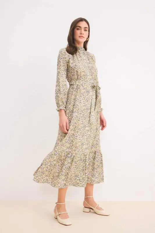 Crew Neck Patterned Belted Chiffon Long Sleeve Maxi Dress-Light Green - 2
