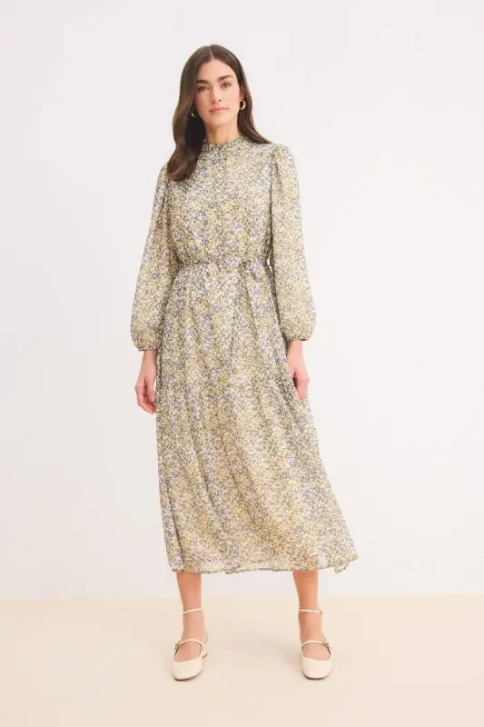 Crew Neck Patterned Belted Chiffon Long Sleeve Maxi Dress-Light Green - 3