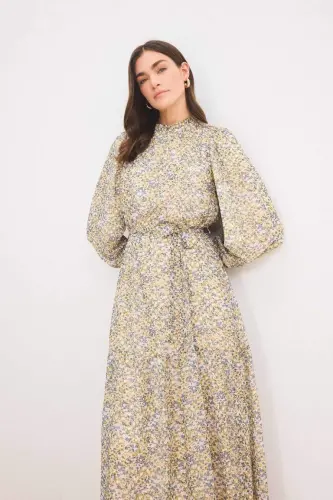 Crew Neck Patterned Belted Chiffon Long Sleeve Maxi Dress-Light Green - 4