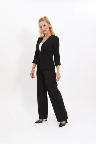 Crew Neck Plain Short Jacket & Wide Leg Trousers Set-Black - Black - 5