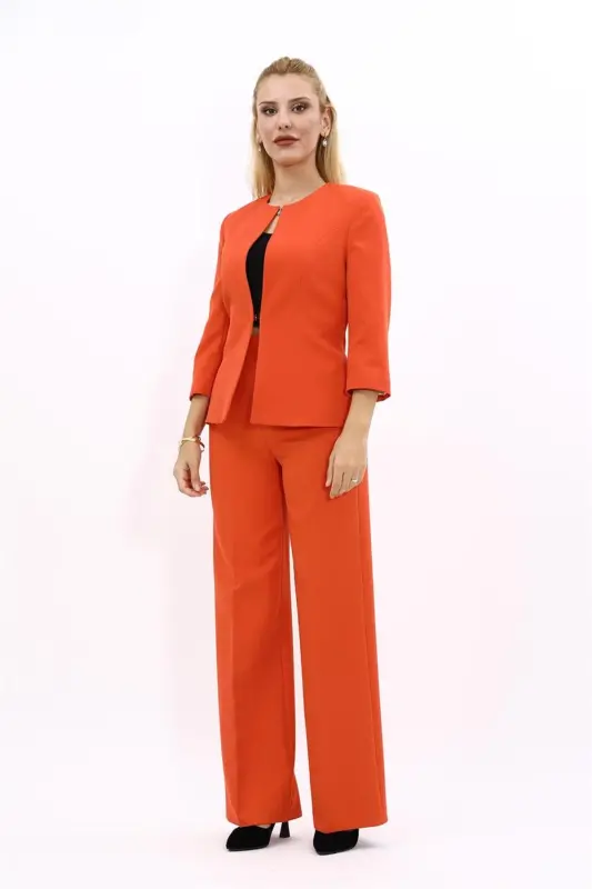Crew Neck Plain Short Jacket & Wide Leg Trousers Set-Orange - Orange - 4