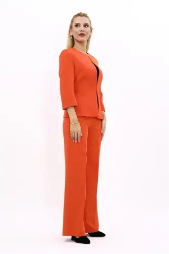 Crew Neck Plain Short Jacket & Wide Leg Trousers Set-Orange - Orange - 5
