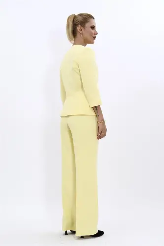 Crew Neck Plain Short Jacket & Wide Leg Trousers Set-Yellow - Yellow - 2
