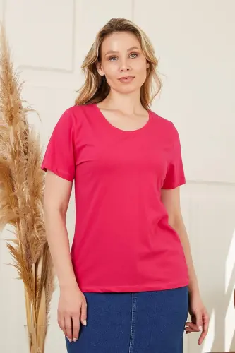 Crew Neck Plus Size Fuchsia T-Shirt - 4