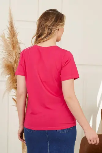 Crew Neck Plus Size Fuchsia T-Shirt - 5