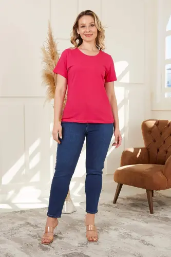 Crew Neck Plus Size Fuchsia T-Shirt - 6