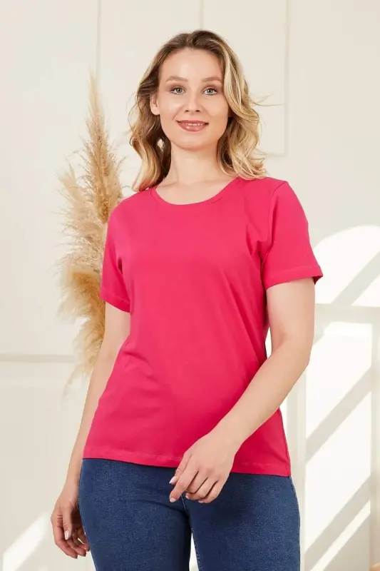Crew Neck Plus Size Fuchsia T-Shirt - BÜYÜKBEDENIZ