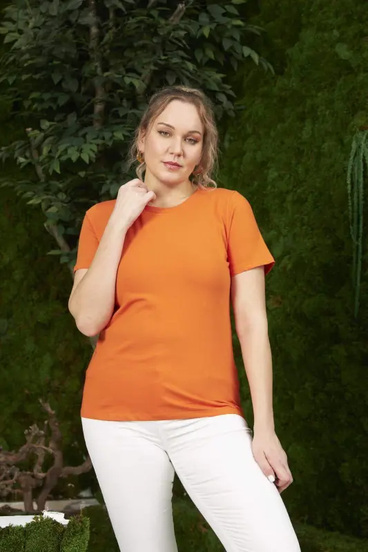 Crew Neck Plus Size Orange T-Shirt - BÜYÜKBEDENIZ