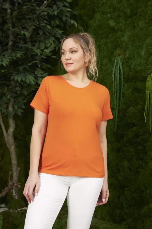 Crew Neck Plus Size Orange T-Shirt - 3