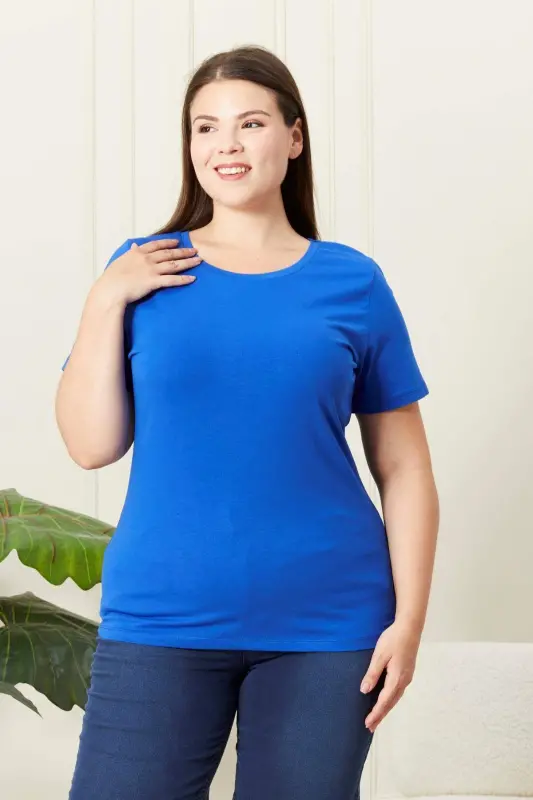 Crew Neck Plus Size Sax T-Shirt - BÜYÜKBEDENIZ