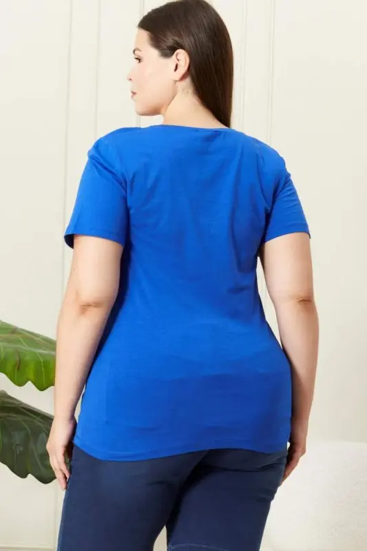 Crew Neck Plus Size Sax T-Shirt - 4