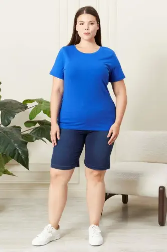 Crew Neck Plus Size Sax T-Shirt - 5