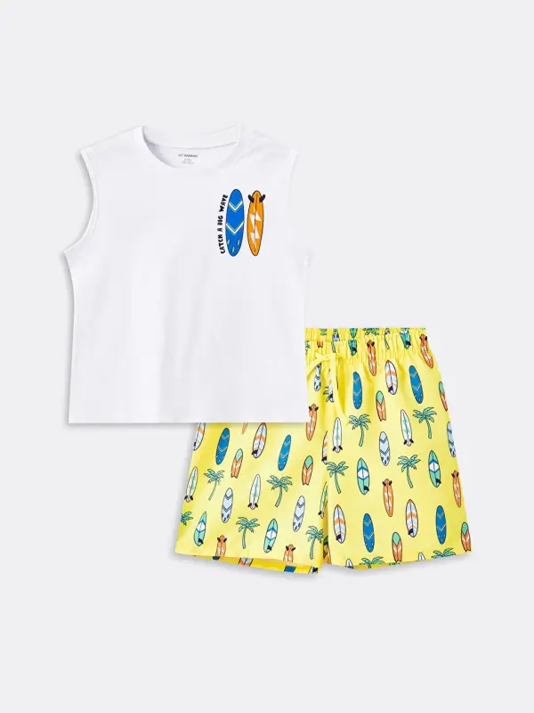 Crew Neck Printed Baby Boy Tank Top and Swim Shorts 2-Piece Set-White - LC WAIKIKI