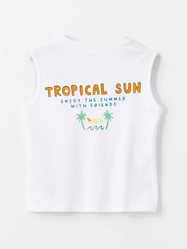 Crew Neck Printed Baby Boy Tank Top and Swim Shorts 2-Piece Set-White - 4