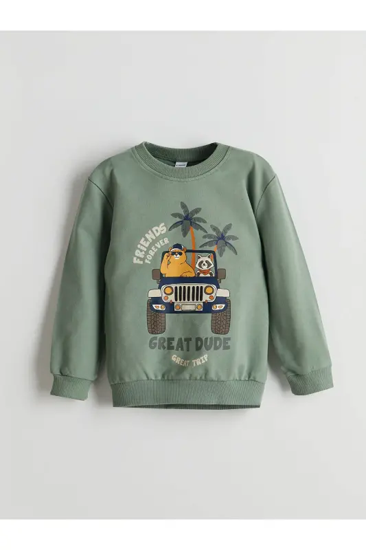 Crew Neck Printed Boy's Sweatshirt 2-Pack-Green - 4