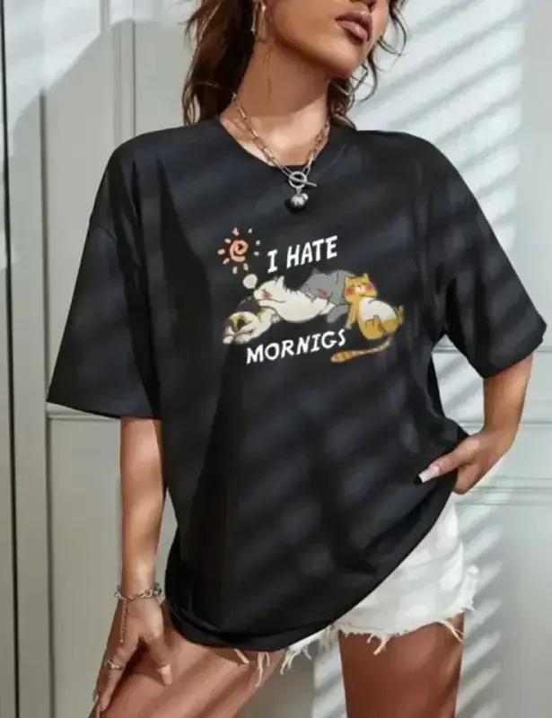 Crew Neck Printed Oversize T-Shirt - Black - BÜYÜKBEDENIZ