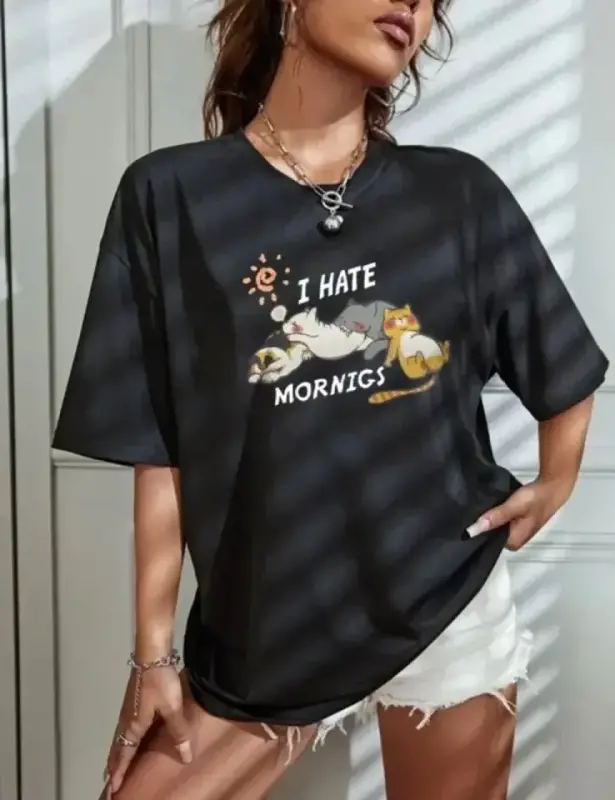 Crew Neck Printed Oversize T-Shirt - Black - 1