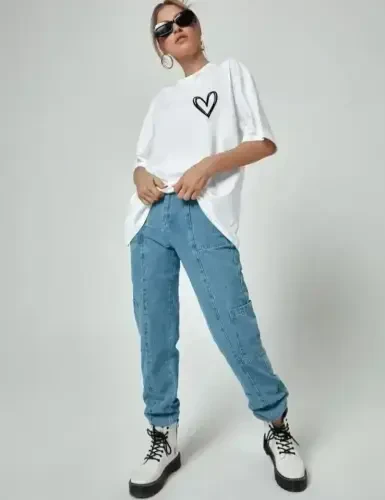 Crew Neck Printed Oversize T-Shirt - White - 3