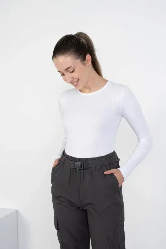 Crew Neck Ribbed Modal Blouse B13342-n3-White - 2