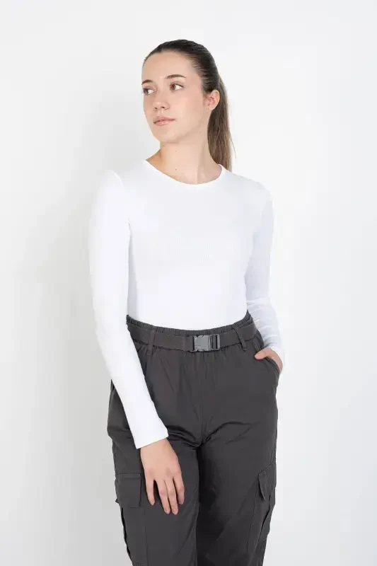 Crew Neck Ribbed Modal Blouse B13342-n3-White - 4